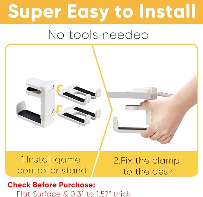 3-in-1 Under Desk Headphone Hanger with Adjustable Clamp Mount, 2 Controller Slots & 1 Headset Universal Holder Stand, Rotatable Hook Rack & Cable Organizer, for Home Gaming Xbox ps5 - White