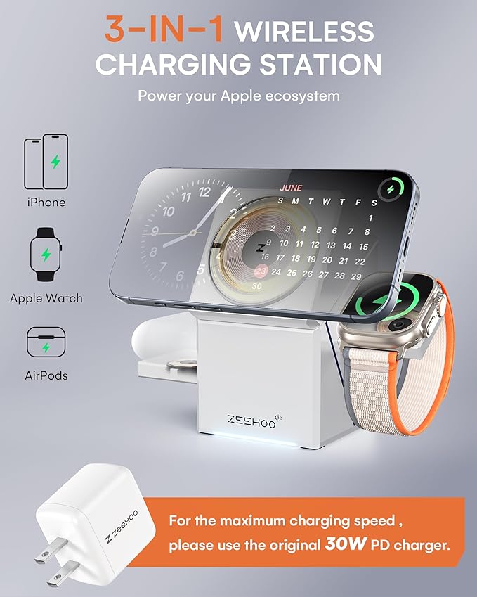 ZEEHOO 3 in 1 Charging Station, for iPhone Charging Station, for Apple MagSafe Charger, Qi2 Certified, 15W Fast Wireless Charger, for Apple Watch, for iPhone 17,16,15,14,13,12 Series, AirPods (White)