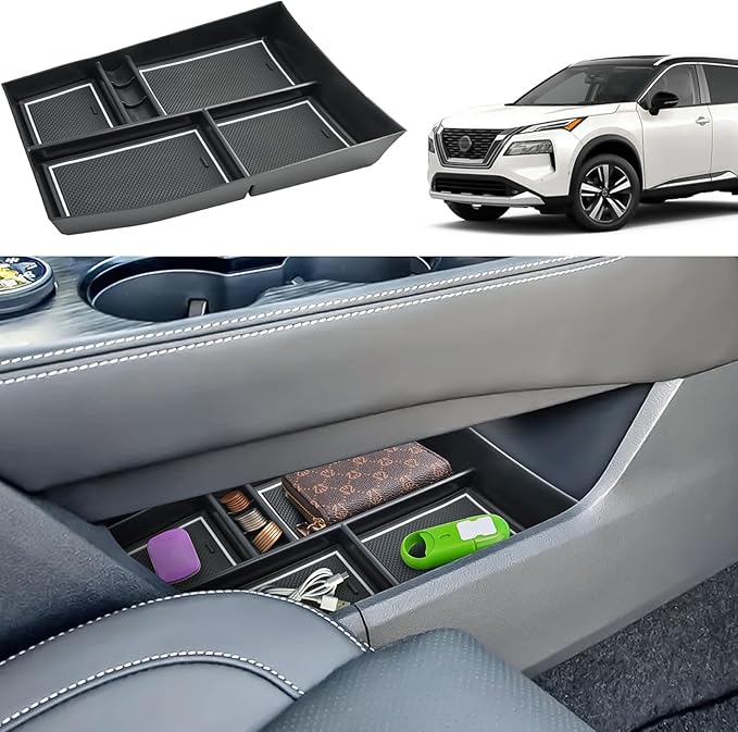 2021-2026 Rogue Center Console Organizer Lower, for Nissan Rogue (S/SV/SL/Platinum/Rock Creek/Dark Armor), Durable ABS &Anti-Slip Rubber Console Tray Insert 2026 2025 Rogue Accessories (White)