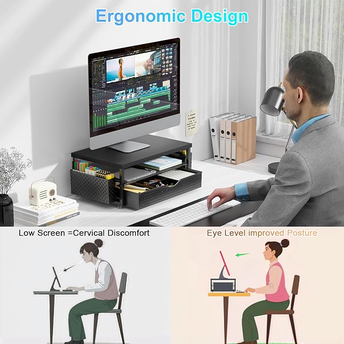 gianotter Wood Monitor Stand Riser, Office Desk Shelf Organizer, Desk Organizer with Drawer and Pen Holder, 2-Tier Computer Stand, Office Organization (Ink)