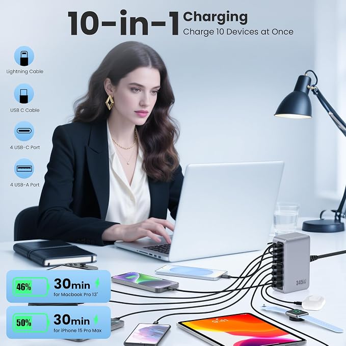 345W USB C Charger 10 in 1 Retractable Wall Charger with 2 Cables,GaN 6 USB C Charging Station Phone Charging PD Laptop Charger Adapter for MacBook Pro/Air,DELL,iPhone17/16/15,Galaxy S24,Android etc