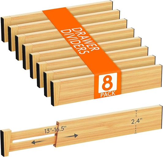 Lifewit 2.4" High 8 Pack Bamboo Drawer Dividers 33-42cm/13-16.5" Adjustable Wooden Drawer Organizer for Clothes/Utensils, Expandable Drawer Separator for Dresser/Kitchen/Bedroom/Office Organization
