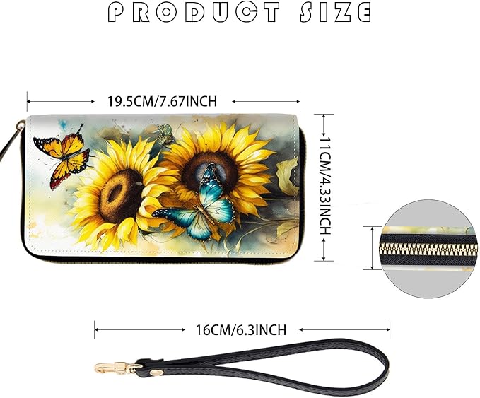 Women's RFID Blocking Zip Around Wallet with Detachable Wrist Strap, Large Capacity Credit Card Holder Organizer for Everyday Use,Sunflower Butterfly