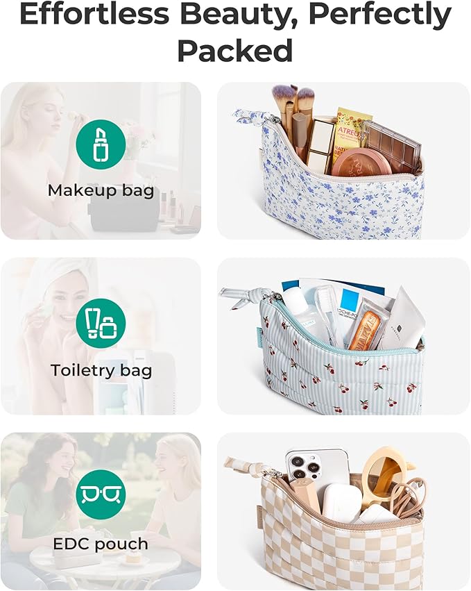 BAGSMART Small Makeup Bag, Puffy Portable Cosmetic Pouch with Charm Zipper, Water-Resistant Travel Organizer for Women (Blue Ditsy Floral Print, Small)