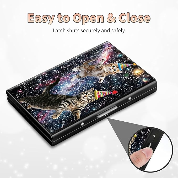 Slim Credit Card Holder, Cats Galaxy Nebula RFID Blocking Metal Wallet for Men & Women, Aluminum Minimalist Hard Case Pocket-Sized Business Cards Organizer (Fits Up to 10 Cards)