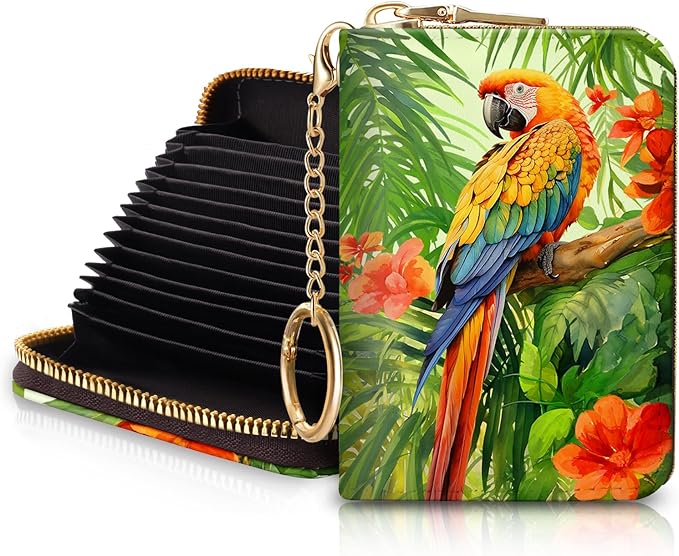 Blusabaca Credit Card Holder for Women, Parrot Bird Small RFID Wallet with Zipper, Card Keychain Wallet, Leather Wallet Card Case, Business RFID Blocking Accordion Purse Wallet Gift