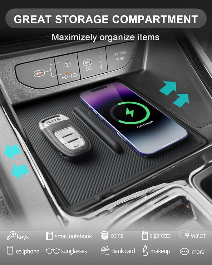 CDEFG for 2025 2026 Kia K5 Center Console Organizer for 2025 2026 Kia K5 (GT-Line/EX/GT/LXS) Accessories Middle Console Tray Storage Box Wireless Charging Protective Console Mat