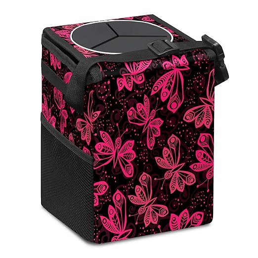 Car Trash Can Rose Pink Butterflies Auto Garbage Bag Car Trash Can with Lid Leak-Proof Car Storage Bag Auto Garbage Bag Hanging for Headrest Collapsible and Portable with Storage Mesh Pocket