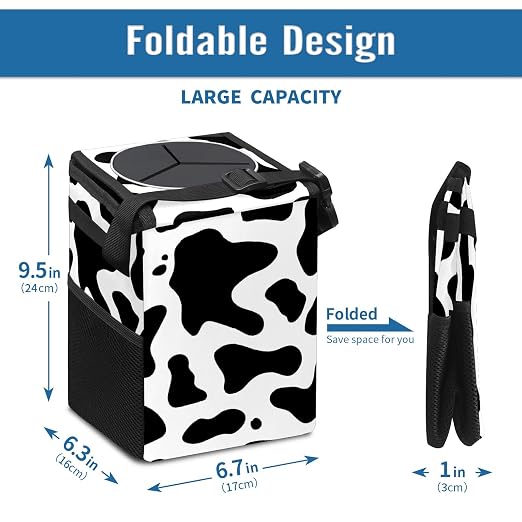 Western Black White Cow Print Car Trash Can with Lid Collapsible Reusable Waterproof Car Garage Bag,Automotive Garbage Can,Car Accessories Interior Car Organizer