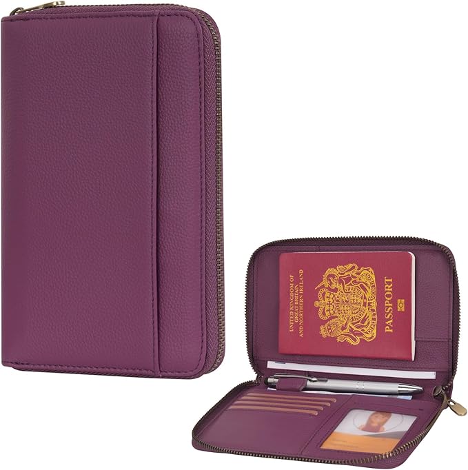 WASON Leather Zipper Travel Passport Wallet Holder RFID Blocking Cover, Passport case Pocket Slot for Card, Cash, ID, Boarding Pass and Ticket for Men, Women and Family Trips (Purple)