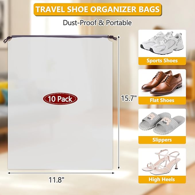 Waterproof Shoe Bags for Travel - 15.7x11.8 Inches Drawstring Bags Organizers (10 Pack), Clear Waterproof Bag Travel Essentials for Men & Women, Shoe Bags for Storage (Packing, Gym, Luggage Storage)