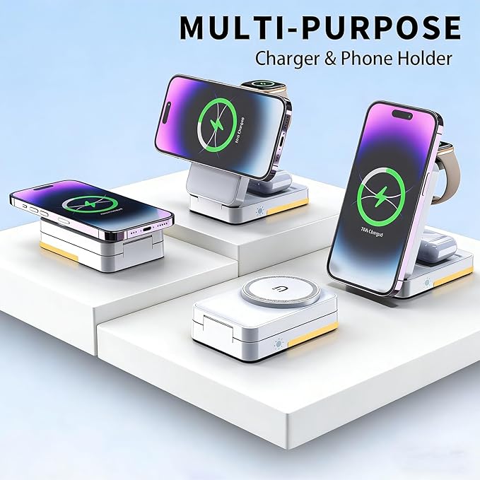 3-in-1 Travel Magnetic Charging Station for iPhone 17/17 Pro/17 Pro Max/Air/16 15 14 13 12 Pro Max Plus mini/Apple Watch/Airpods, Foldable Portable Wireless Charger Stand with Night Light-White