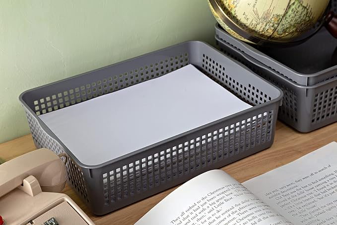 Eslite A4 Size Plastic Storage Basket,Desktop File Paper Letter Organizer Tray, 6-Packs (White+Grey)