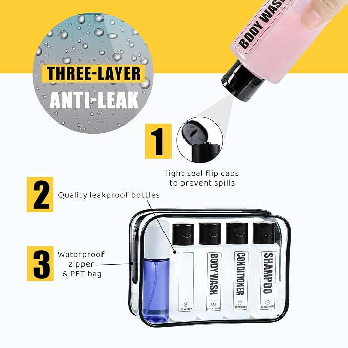 GearTrust Labeled Travel Bottles for Toiletries, 3.4oz TSA Approved Travel Shampoo and Conditioner Bottles with Spray, Leak Proof Clear Plastic Containers with Flip Cap-5 PCS