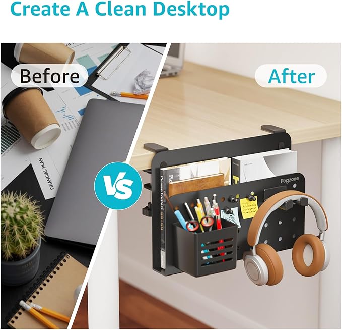 Desk Side Storage Organizer, No Drill Under Desk Laptop Holder, Clamp on Desks Shelf with Pegboard Accessories, Hanging Laptop Mount, Fits Flat Edge 0.4" to 2.2", Black
