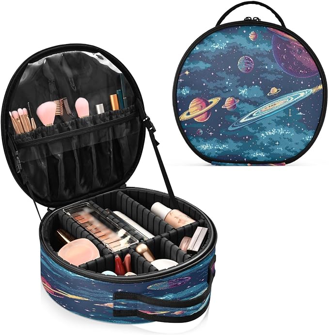 senya Round Cosmetic Pouch Travel Makeup Train Case Starry Sky Planet Makeup Organizer Bag with Adjustable Dividers Portable for Cosmetics Makeup Brushes Toiletry Jewelry Accessories