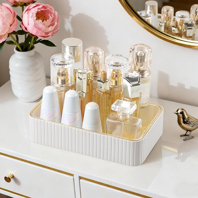 Desk Organizer Tray, PU Leather Nightstand Organizer Perfume Valet Tray for Men Women, Decorative Vanity Trays Trinket Dish Key Bowl for Entryway Table (Ivory, Small)