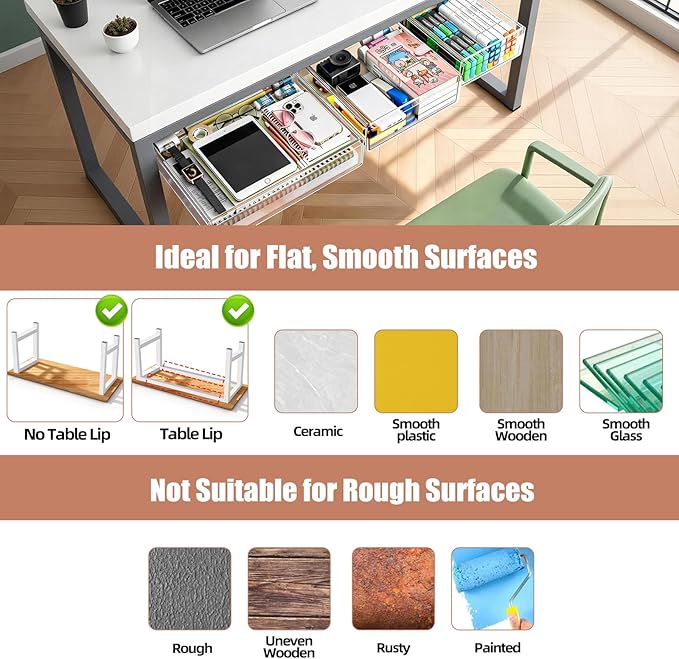 3-Pack Under Desk Drawer for Desk with Frame & Beam, Fits Where Standard Drawers Can't, 52mm Heightened Slide Out Organizer, Dual Adhesive or Screw Mount, Clear PET Under Table Storage