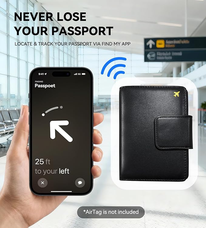 Passport Holder Cover Wallet with AirTag Slot - RFID Blocking Travel Wallet Organizer for Men, Premium PU Leather Case with SIM Card Slots, Pen Loop & Zipper Pocket for International Travel Essentials