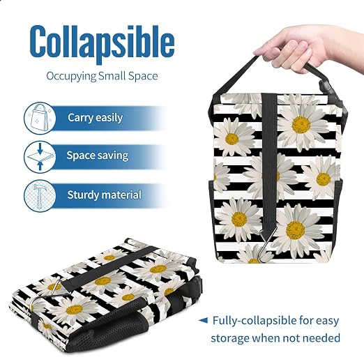 White Black Striped Daisy Car Trash Can with Lid Collapsible Reusable Waterproof Car Garage Bag,Automotive Garbage Can,Car Accessories Interior Car Organizer