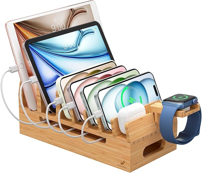 Pezin & Hulin Bamboo Charging Station with Watch Stand, Docking Holder for Multi Device with 5 Charge Cables, Desktop Dock Stations Electronic Organizer for Cellphone, Tablet, Watch-Natural Bamboo