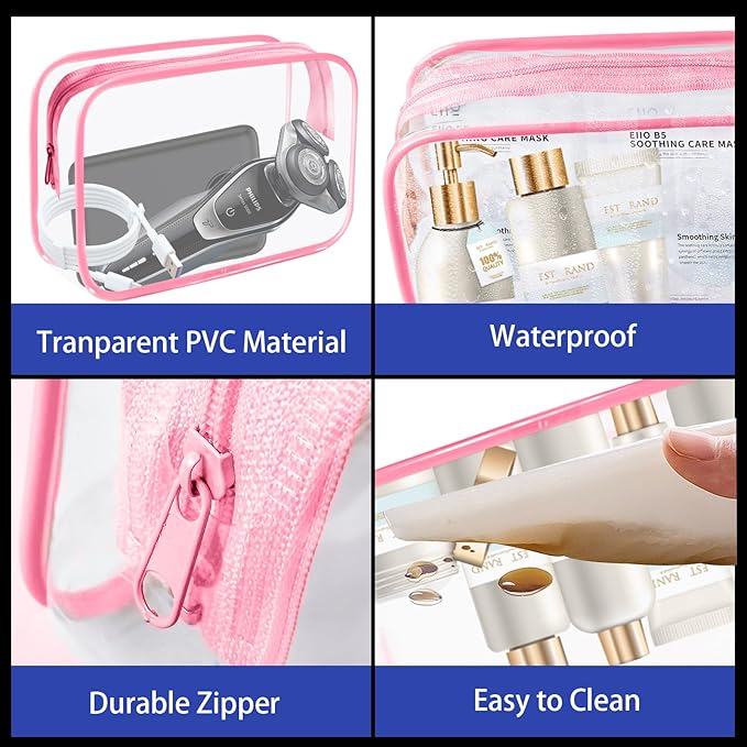 YedsIntu 16-Piece Makeup Bags, Waterproof Toiletry Bag Carry Pouch Portable Cosmetic Bag PVCTravel Clear Pouches Carry-on Travel Essentials Transparent Storage Organizer Bag (Rose Pink-M)