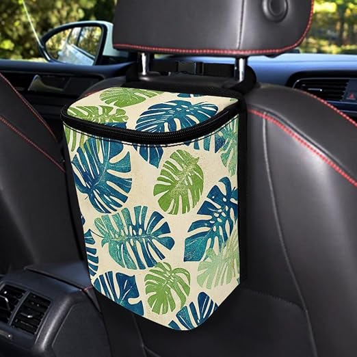 Biyejit Palm Leaf Large Car Trash Can for Back Seat - Car Garbage Bag with Tissue Holder and Bottle Pockets - Seatback Organizer with Lid for Vans, SUVs and Trucks
