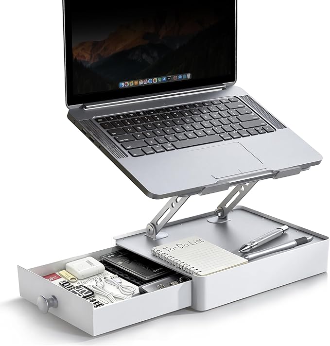 Laptop Stand with Storage Drawer, Adjustable Ergonomic Laptop Riser for Desk, Heavy-Duty Metal Stand for 10??6??Laptops, Space-Saving Desk Organizer for Remote Work & Home Office, Silver