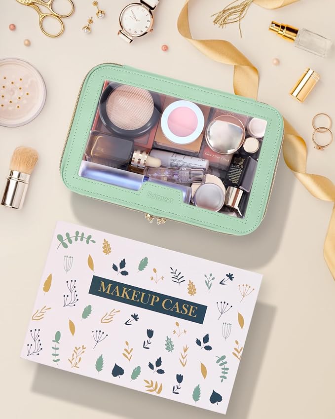 Soimeat Travel Clear Makeup Bag with Makeup Brush Bag, Leather Makeup Case Toiletry Bag, Portable Cosmetic Bag Case, Transparent Waterproof Cosmetic Organizer Storage Bag for Women, Mint Green