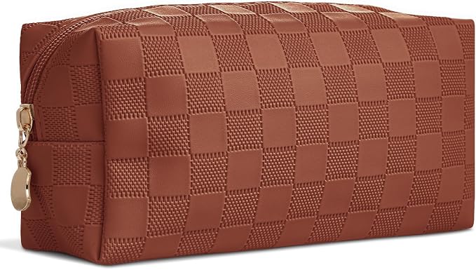 Checkered Makeup Bag for Purse - Cute PU Leather Travel Cosmetic Pouch for Women, Portable Flat Toiletry Organizer with Gold Zipper(brown)