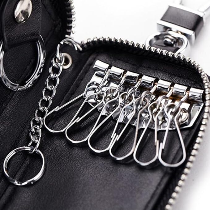 WESTONETEK Unisex Mens Womens Premium Leather Car Key Holder Bag Keychain Case Wallet with 6 Hooks Zipper Closure