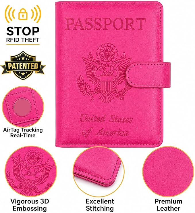 Passport Holder with RFID Blocking Leather Travel Wallet | Multiple Card Compartments, SIM Card Access, Compact Carry Design, Flight Ready Essentials for Men & Women, Fuchsia