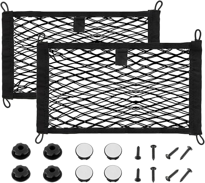 21.7'' x 9.8'' Universal Elastic Cargo Net Pocket with Screws & Hooks for Trunk RV Boats Home Cargo Storage – Keeps Items Secure & Organized(2 Pack)