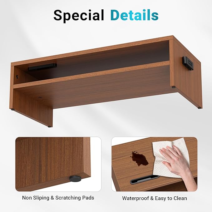 BONTEC Wood Monitor Stand Riser, 2-Tier Desktop Organizer with Storage, Ergonomic Computer Stand for Desk, Cable Management, Cellphone Holder, 21.3 Inch Shelf, Walnut