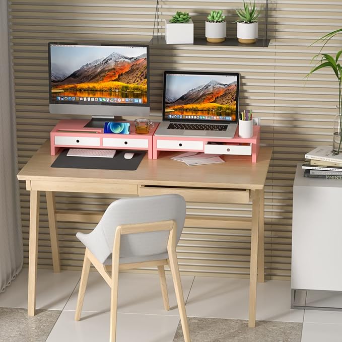 Monitor Stand Riser with Drawer - Pink & White Laptop Stand, Bamboo Desktop Shelf Organizer for Computer, TV, Printer, Office Supplies & Accessories with Phone Holder & Cups Slot, No Assembly Needed