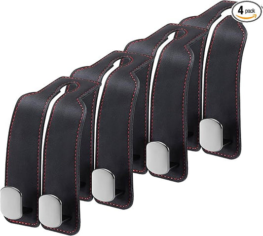 4 Pack Double Car Purse Hook Holds Up to 25 kg / 55 lbs XL Faux Leather with Durable Metal Hook (2.7x2cm) – Perfect Headrest Hooks for Car to Organize Bags and Essentials (Black)