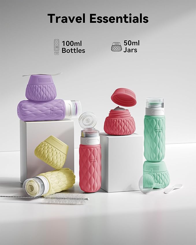 Silicone Travel Bottles for Toiletries 8 Pack Travel Size Toiletries 3.4 oz 1.7 oz, Leakproof Squeeze Travel Size Containers Refillable Cosmetic Jars Set for Shampoo, Conditioner, Creams