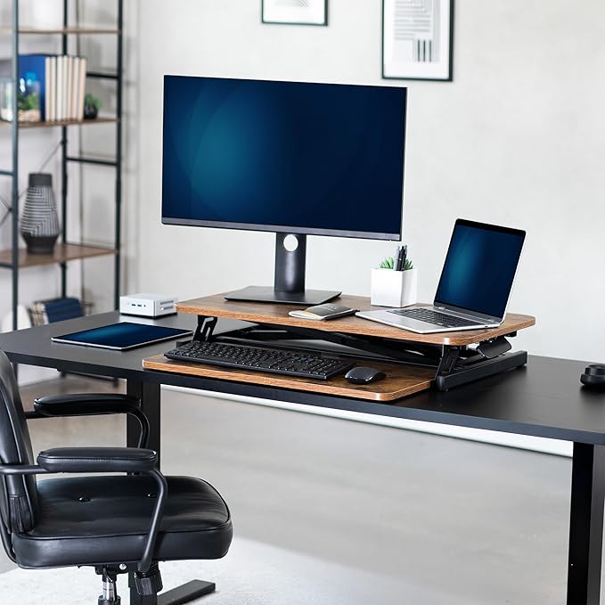VIVO Height Adjustable 32 inch Stand Up Desk Converter, Quick Sit to Stand Tabletop Dual Monitor Riser Workstation, Rustic Vintage Brown Desktop, Black Frame, DESK-V000SN
