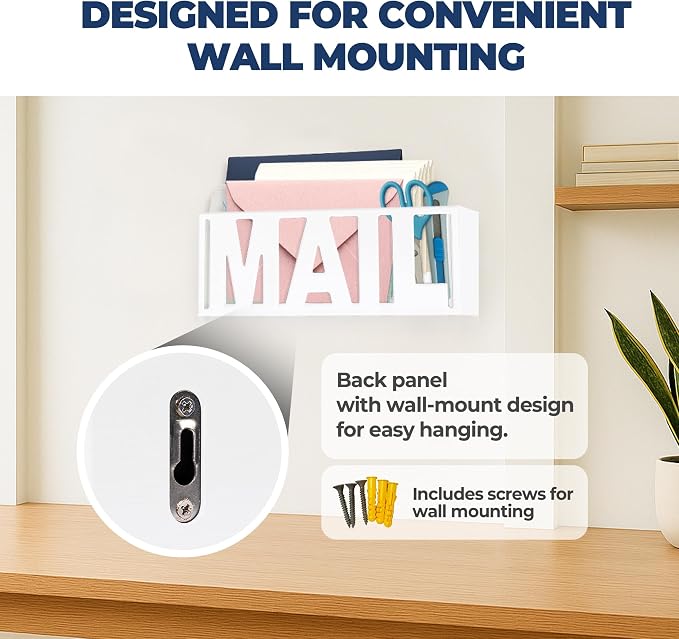 Mail Organizer Countertop – White Holder for Desk or Wall, Decorative Desktop Sorter, Envelope Tray & Bill Storage with Compact Size for Home Office Organization Accessories (11x4x4 in)