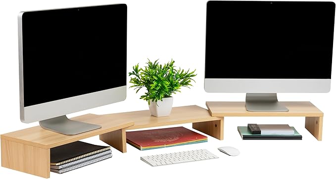 Mind Reader Dual Monitor Stand, Desktop Organizer, Laptop Riser, Office, MDF, 51.25"L x 9.25"W x 4.75"H, Brown