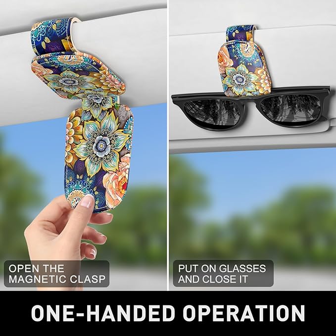 Sunglasses Holder for Car Visor, Magnetic Leather Car Sunglass Holder, Car Sun Visor Glasses Hanger Clip, Car Interior Accessories for Women Men, Fits All Size Eyeglasses