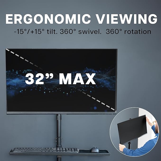 VIVO Mobile Computer Cart with Monitor Mount for up to 32” Screens, Rolling PC Desk Workstation, Full Keyboard Tray, Adjustable CPU Holder, Black, CART-PC02T
