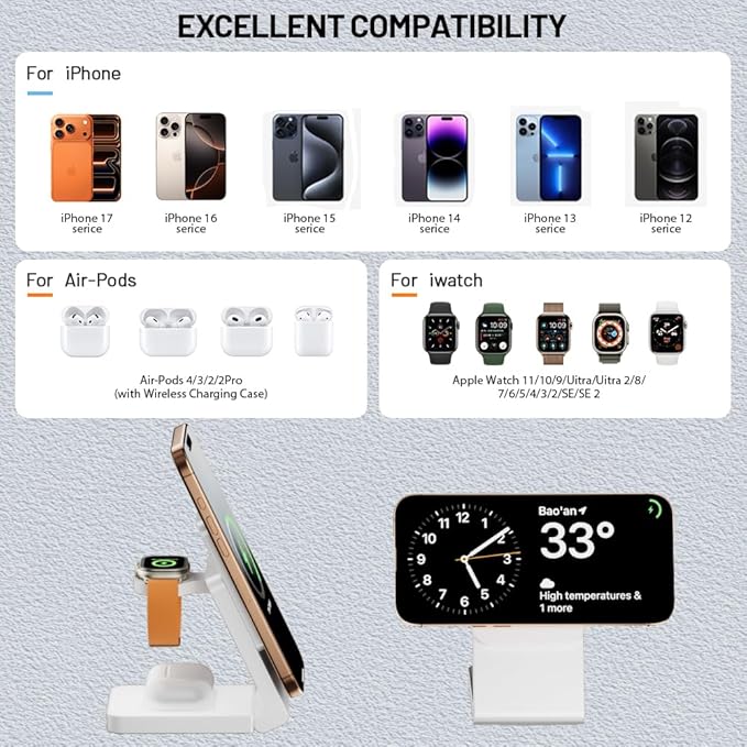 3 in 1 Wireless Charger Station for Multiple Devices, Foldable Magnetic Charging Stand, Portable Fast Travel Charger for iPhone 17/16/15/14/13/12 Pro Max/AirPods 2/3/4/Pro iWatch Ultra Series