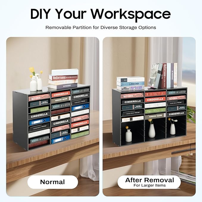 Literature Organizer 27 Slots, Compartments Mail Sorter Organizer, Adjustable Desktop File Organizer with Removable Shelves, Paper Organizer for Home Office School (Black, 27 Slots)