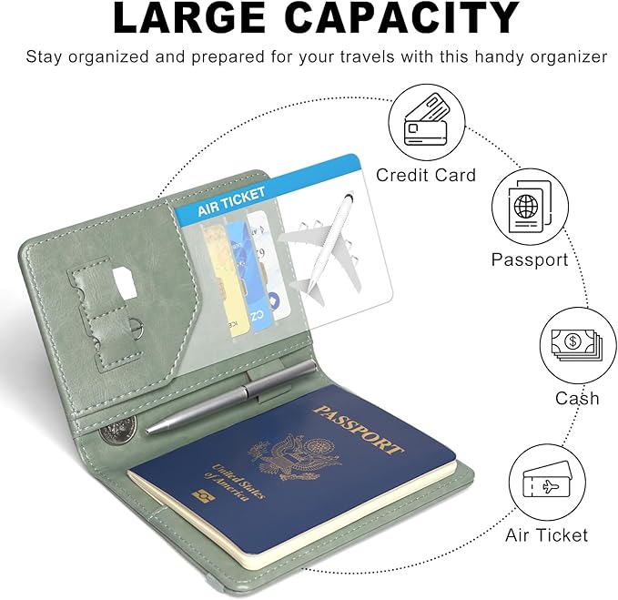 ACdream RFID BLOCKING Passport Holder Travel Wallet, Premium PU Leather Cover Passport Book with Card Holder, Pen Holder, Keep Organization, and Travel Essentials for Women/Men, Agave Green