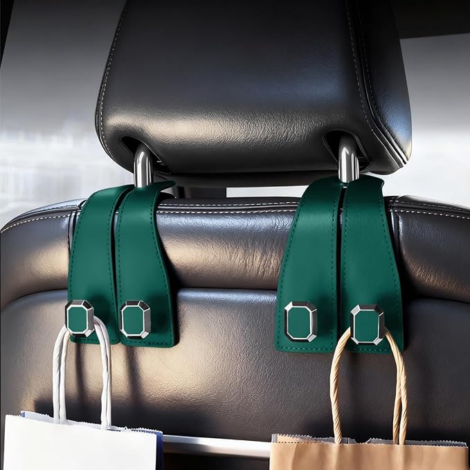 2PCS Car Headrest Hooks, Nappa Leather Metal Vehicle Double Seat Back Storage Hook for Purse Bag Coat, Multifunctional Automotive Interior Hanging Hanger, Universal Fit (Green)