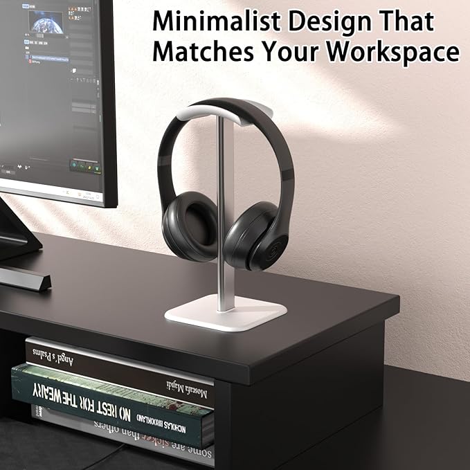 Headphone Stand for Desk - Headset Stand with Aluminum Hanger and Plastic Headrest, Headphone Holder for AirPods Max, Sony, Bose, Beats and More (White)