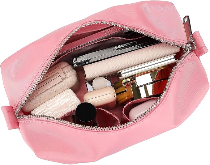 Organizer Bag Lightweight Cosmetic Bag with Ring Clasp Perfect Travel Makeup Bag for Women nylon Stand Up Design (Pink/Nylon)