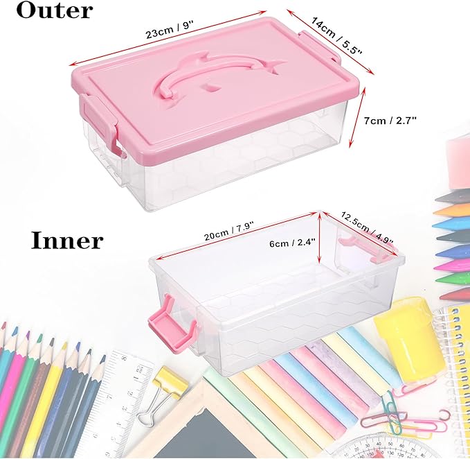 BTSKY 1-Pack Clear Plastic Storage Box with Lid, Stackable Organizer Featuring Easy-Lift Dolphin Design, Multi-Use Portable Container for Home, Craft, Office, Space-Saving with Secure-Clasp, Pink