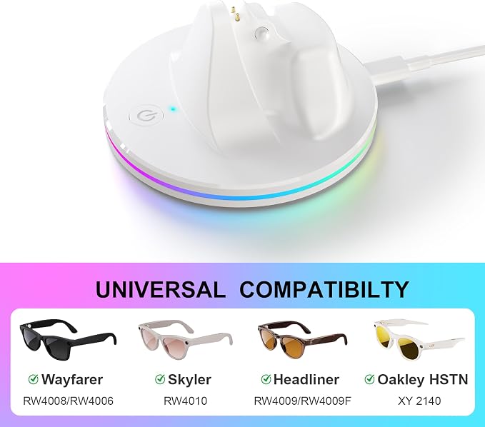 Charging Dock for Ray-Ban Meta Smart Glasses,Charging Station Compatible with Wayfarer, Skyler, Headliner & Oakley HSTN,Smart Glasses Accessories with LED Indicator,Ambient Lighting,White